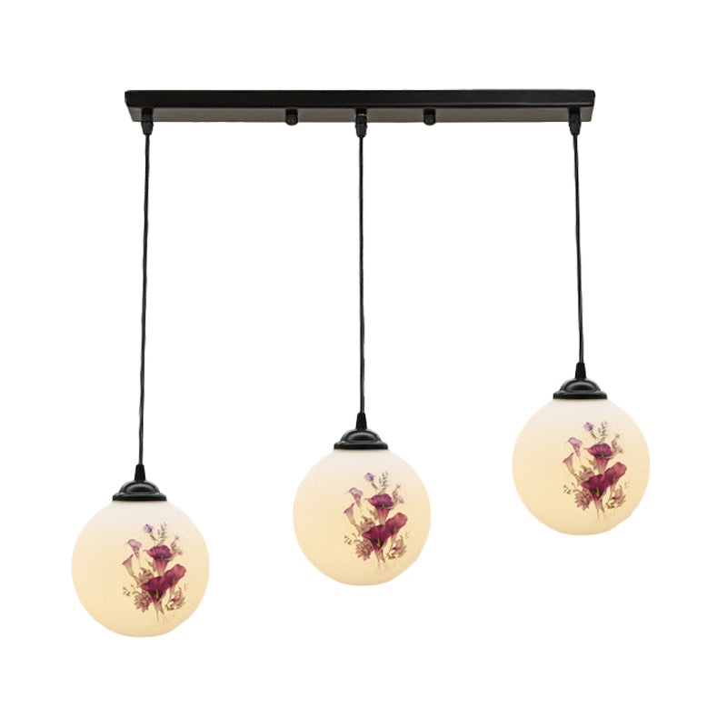 3 Heads Orb Multi-Pendant Modernism Black Finish White Frosted Glass Hanging Light Kit with Flower Pattern and Round/Linear Canopy