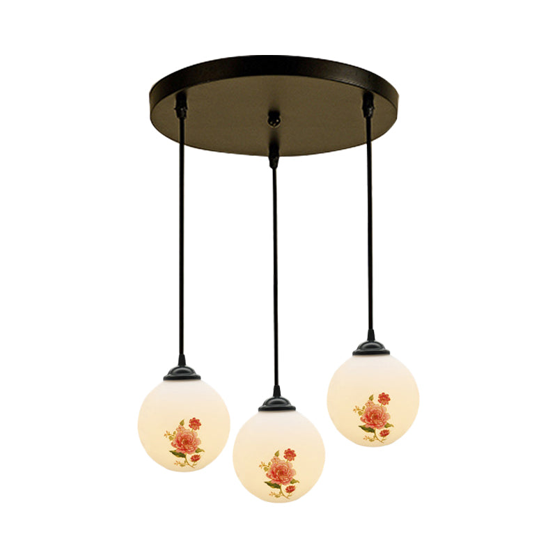 Ball Frosted White Glass Multi Light Pendant Minimalist 3 Bulbs Dining Room Suspension Lamp with Linear/Round Canopy and Floral Pattern