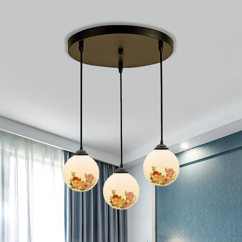 Ball Frosted White Glass Multi Light Pendant Minimalist 3 Bulbs Dining Room Suspension Lamp with Linear/Round Canopy and Floral Pattern