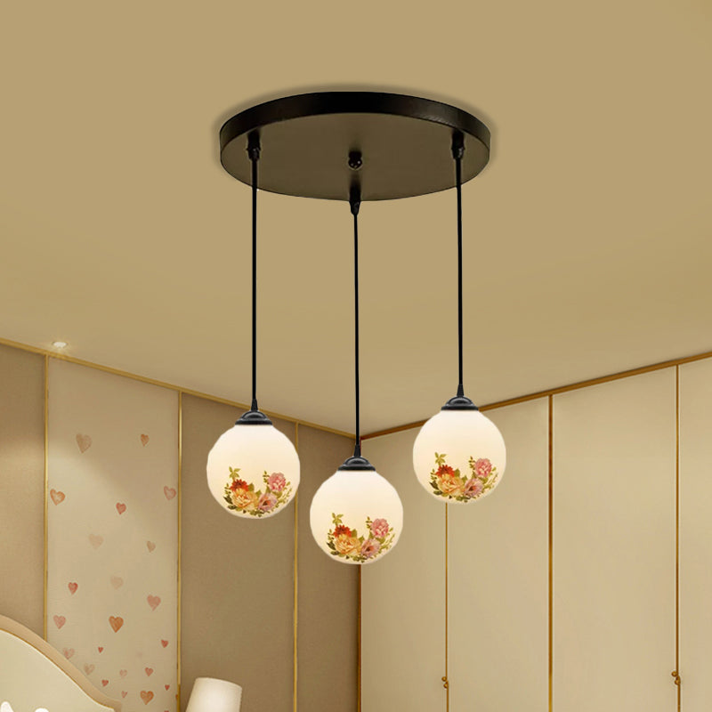 Ball Frosted White Glass Multi Light Pendant Minimalist 3 Bulbs Dining Room Suspension Lamp with Linear/Round Canopy and Floral Pattern