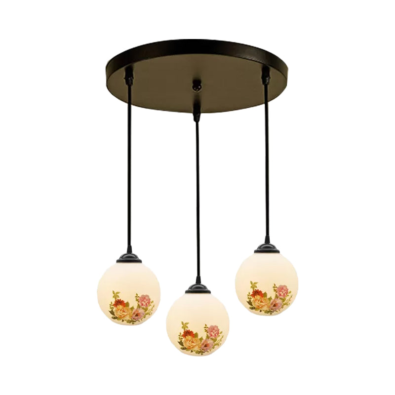 Ball Frosted White Glass Multi Light Pendant Minimalist 3 Bulbs Dining Room Suspension Lamp with Linear/Round Canopy and Floral Pattern