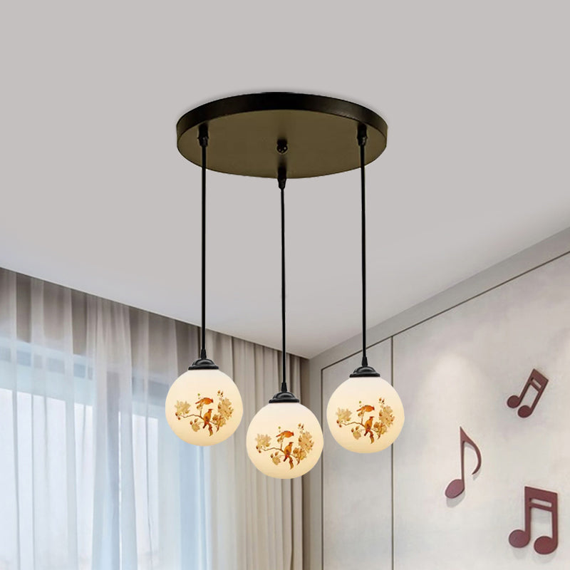 Ball Frosted White Glass Multi Light Pendant Minimalist 3 Bulbs Dining Room Suspension Lamp with Linear/Round Canopy and Floral Pattern