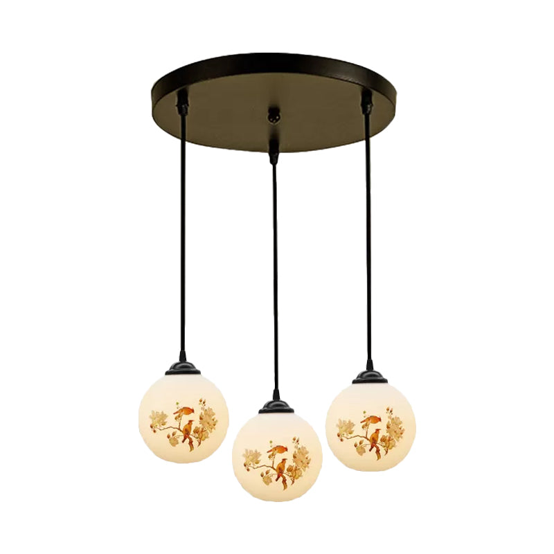 Ball Frosted White Glass Multi Light Pendant Minimalist 3 Bulbs Dining Room Suspension Lamp with Linear/Round Canopy and Floral Pattern