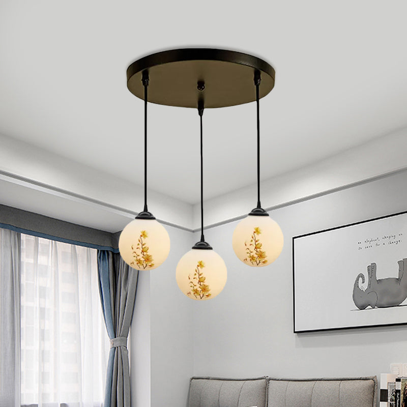 Ball Frosted White Glass Multi Light Pendant Minimalist 3 Bulbs Dining Room Suspension Lamp with Linear/Round Canopy and Floral Pattern
