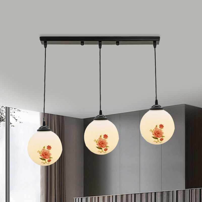 Ball Frosted White Glass Multi Light Pendant Minimalist 3 Bulbs Dining Room Suspension Lamp with Linear/Round Canopy and Floral Pattern