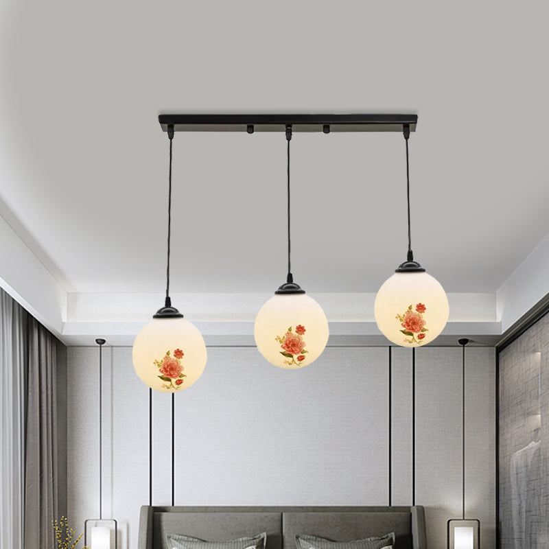 Ball Frosted White Glass Multi Light Pendant Minimalist 3 Bulbs Dining Room Suspension Lamp with Linear/Round Canopy and Floral Pattern
