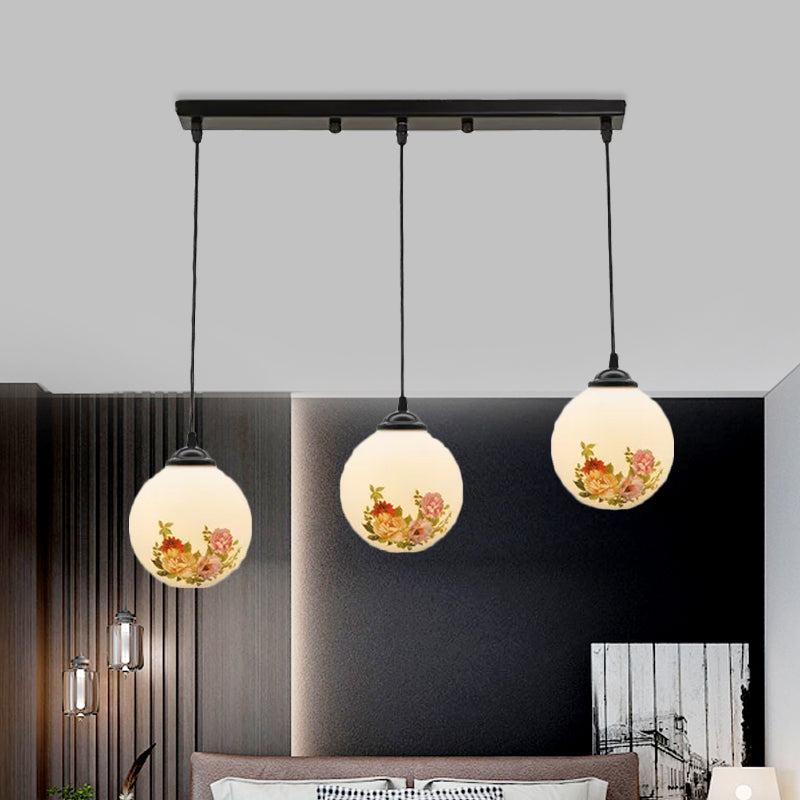 Ball Frosted White Glass Multi Light Pendant Minimalist 3 Bulbs Dining Room Suspension Lamp with Linear/Round Canopy and Floral Pattern