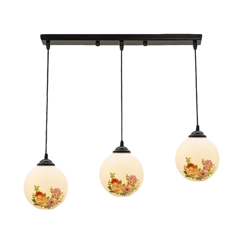 Ball Frosted White Glass Multi Light Pendant Minimalist 3 Bulbs Dining Room Suspension Lamp with Linear/Round Canopy and Floral Pattern