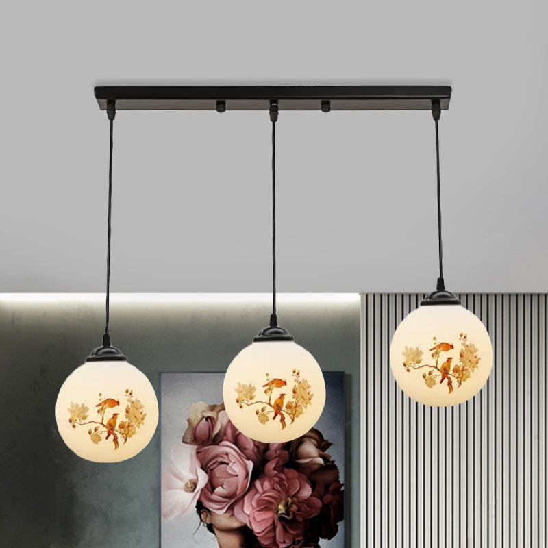 Ball Frosted White Glass Multi Light Pendant Minimalist 3 Bulbs Dining Room Suspension Lamp with Linear/Round Canopy and Floral Pattern
