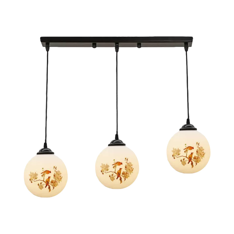 Ball Frosted White Glass Multi Light Pendant Minimalist 3 Bulbs Dining Room Suspension Lamp with Linear/Round Canopy and Floral Pattern