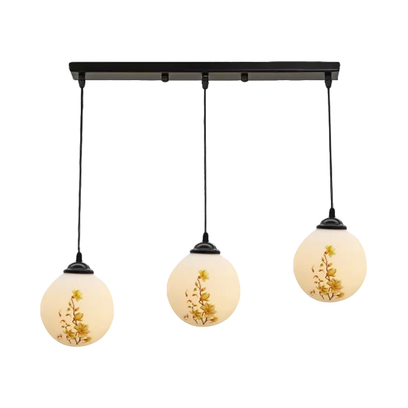 Ball Frosted White Glass Multi Light Pendant Minimalist 3 Bulbs Dining Room Suspension Lamp with Linear/Round Canopy and Floral Pattern