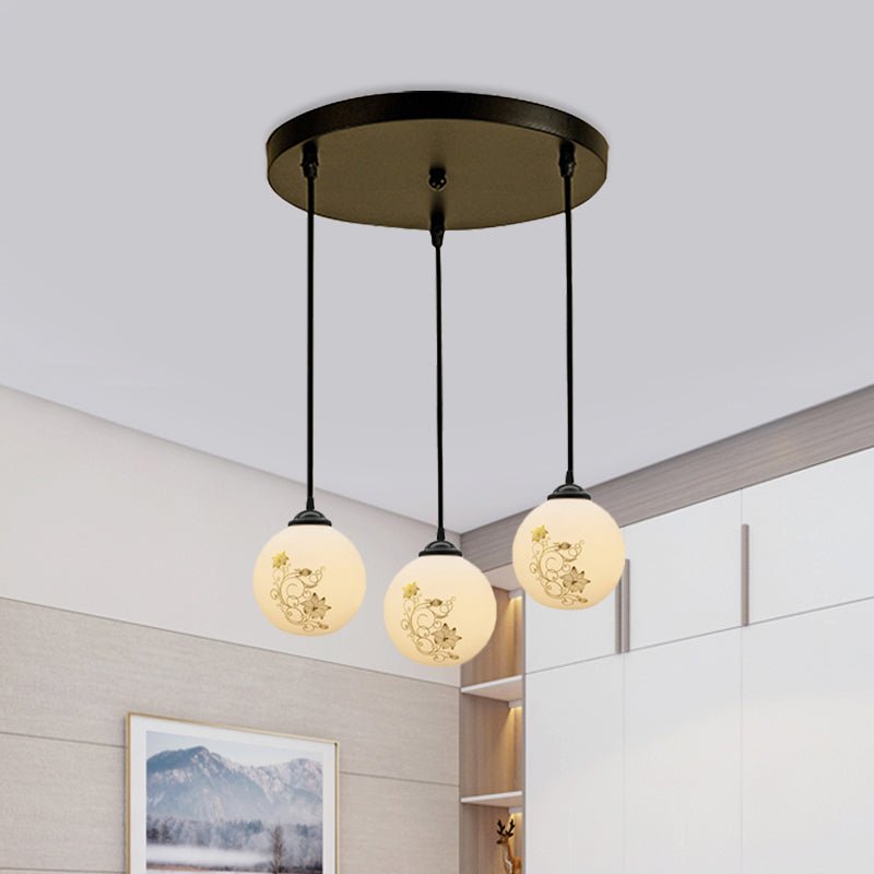 Black Sphere Multi Ceiling Lamp Modernism White Printing Glass 3-Light Dining Room Pendant with Round/Linear Canopy
