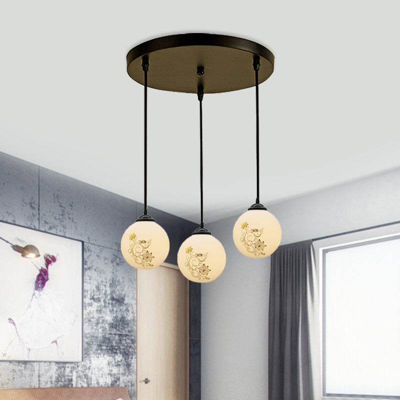 Black Sphere Multi Ceiling Lamp Modernism White Printing Glass 3-Light Dining Room Pendant with Round/Linear Canopy