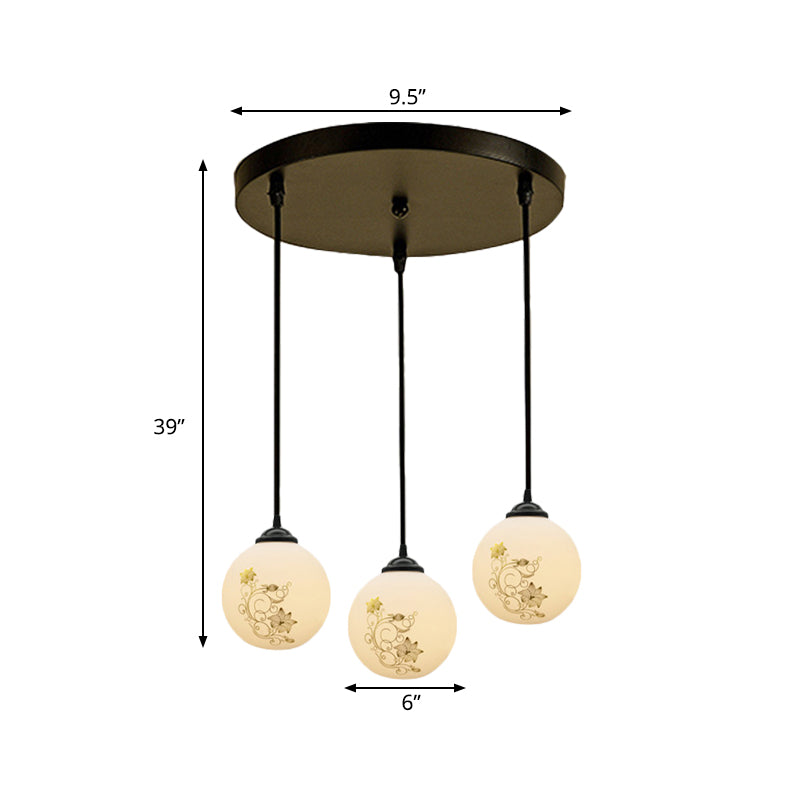 Black Sphere Multi Ceiling Lamp Modernism White Printing Glass 3-Light Dining Room Pendant with Round/Linear Canopy