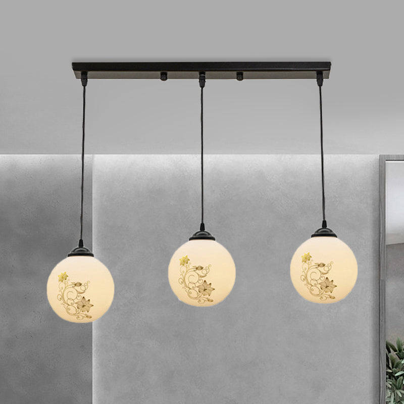 Black Sphere Multi Ceiling Lamp Modernism White Printing Glass 3-Light Dining Room Pendant with Round/Linear Canopy