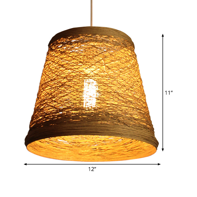 Bamboo Rattan Bucket Pendant Light Rural Single Flaxen Hanging Lamp Kit for Restaurant