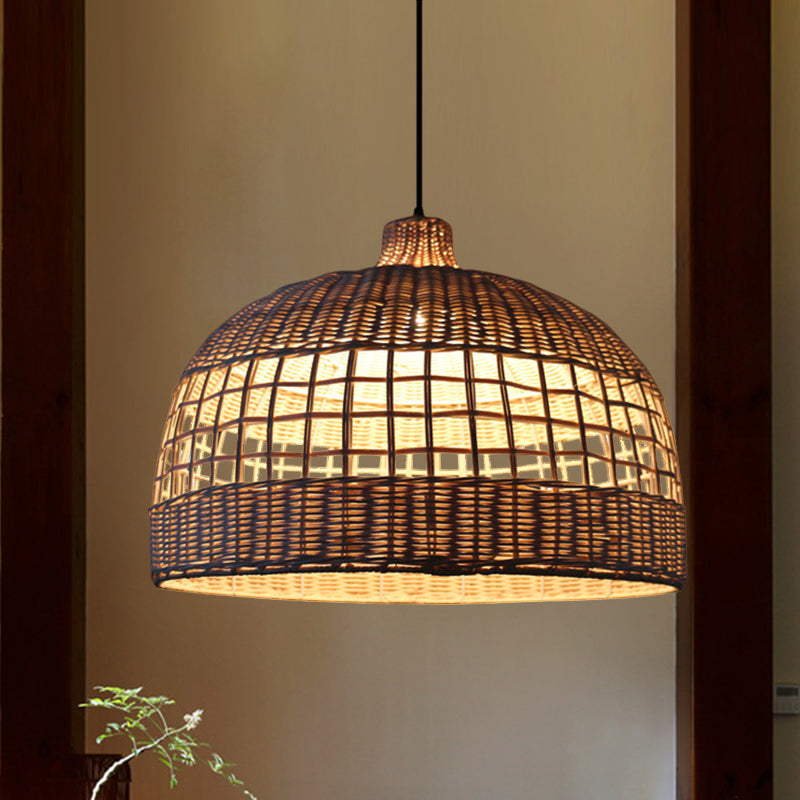 Beige Gridded Bowl Drop Pendant Countryside 1 Bulb Bamboo Ceiling Suspension Lamp over Table