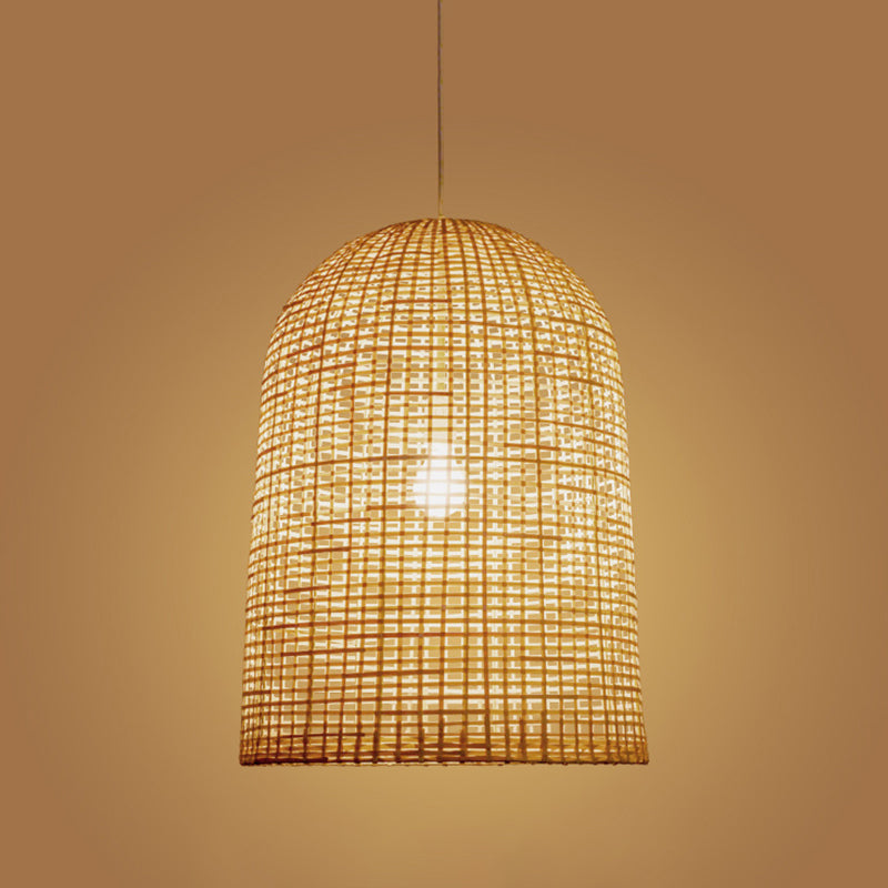1-Light Restaurant Ceiling Pendant Chinese Beige Pendant Lighting with Elongated Grid Bamboo Shade
