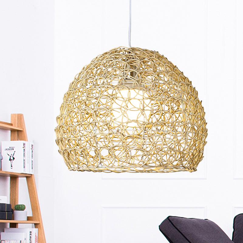 Hemispherical Pendulum Light Simple Bamboo Single Beige Pendant Light Fixture for Dining Room