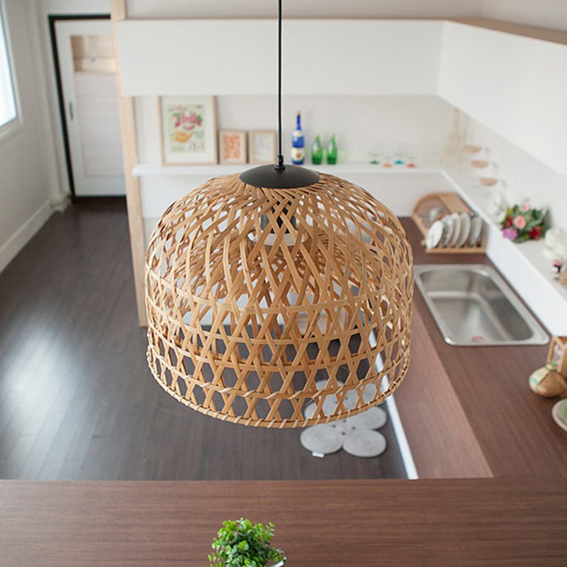 Asia 2-Layer Bowl Pendant Lighting Cross Woven Bamboo 1-Light Kitchen Ceiling Lamp in Beige