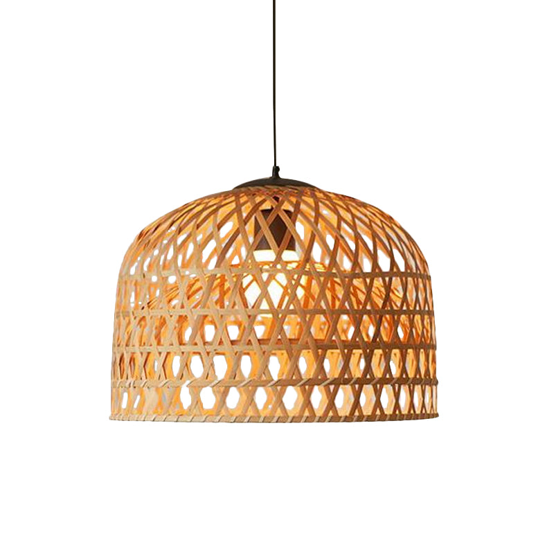Asia 2-Layer Bowl Pendant Lighting Cross Woven Bamboo 1-Light Kitchen Ceiling Lamp in Beige
