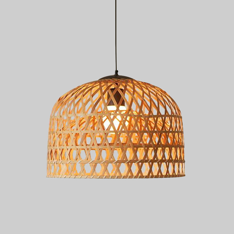 Asia 2-Layer Bowl Pendant Lighting Cross Woven Bamboo 1-Light Kitchen Ceiling Lamp in Beige