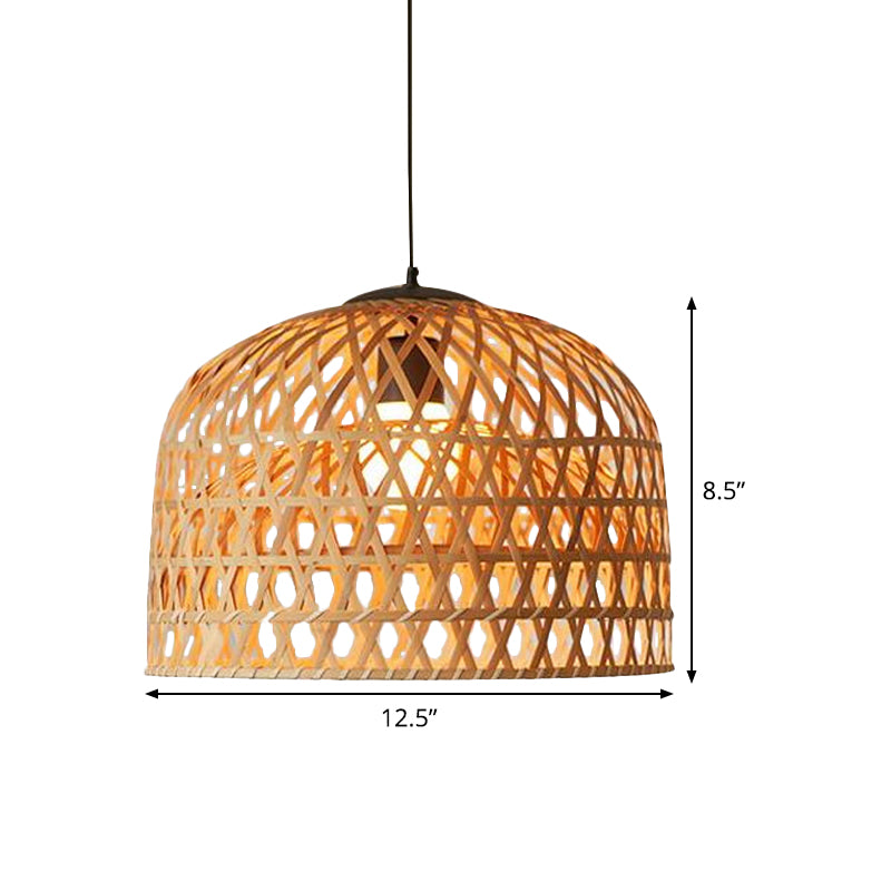 Asia 2-Layer Bowl Pendant Lighting Cross Woven Bamboo 1-Light Kitchen Ceiling Lamp in Beige