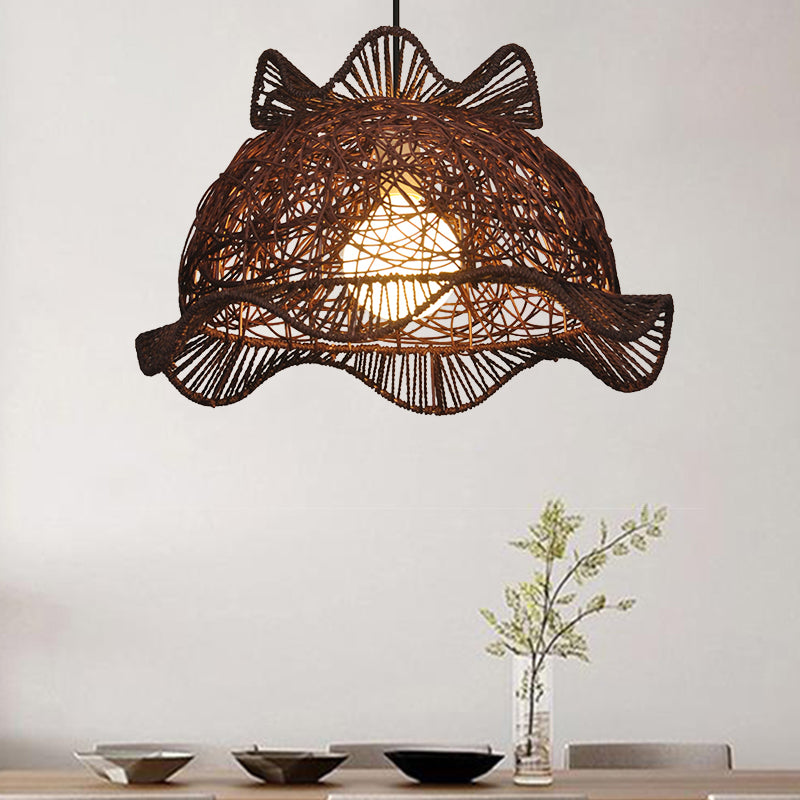 Coffee Ruffle-Edge Bowl Pendant Modernist Single Bamboo Ceiling Suspension Lamp for Dining Room