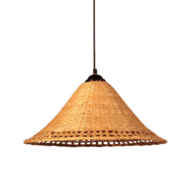 Asia Cone Hat Hanging Light Bamboo 1-Light Dining Room Ceiling Pendant Lamp in Brown