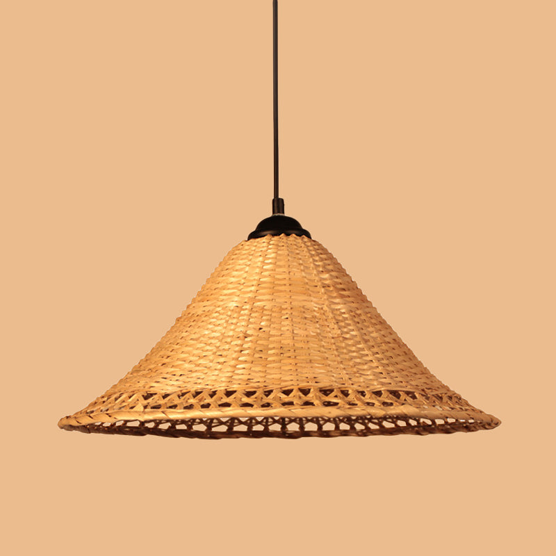 Asia Cone Hat Hanging Light Bamboo 1-Light Dining Room Ceiling Pendant Lamp in Brown