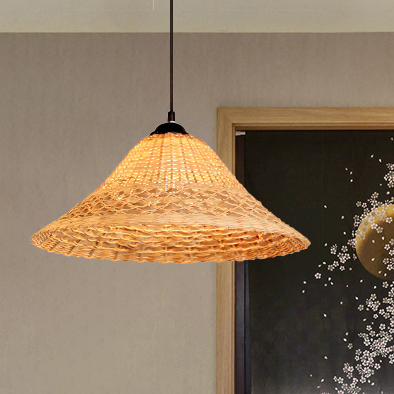 Bamboo Woven Wide Flare Pendant Lamp South East Asia 1 Bulb Brown Suspension Light