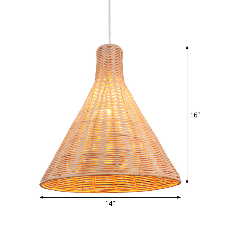 Conical Bamboo Suspension Pendant Asia 14/16 Inches Wide 1 Head Khaki Hanging Lamp Kit
