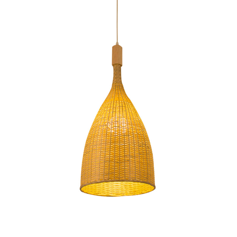 Single Restaurant Suspension Lamp Asia Beige Pendant Light with Funnel Bamboo Shade