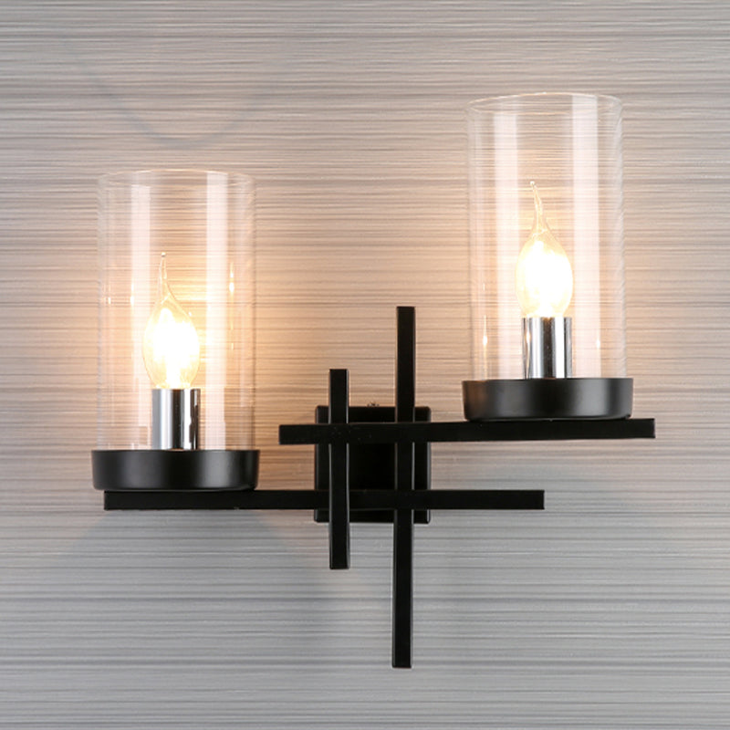 2 Bulbs Cylinder Wall Sconce Rustic White/Clear Glass Wall Lighting Fixture with Straight Arm for Living Room