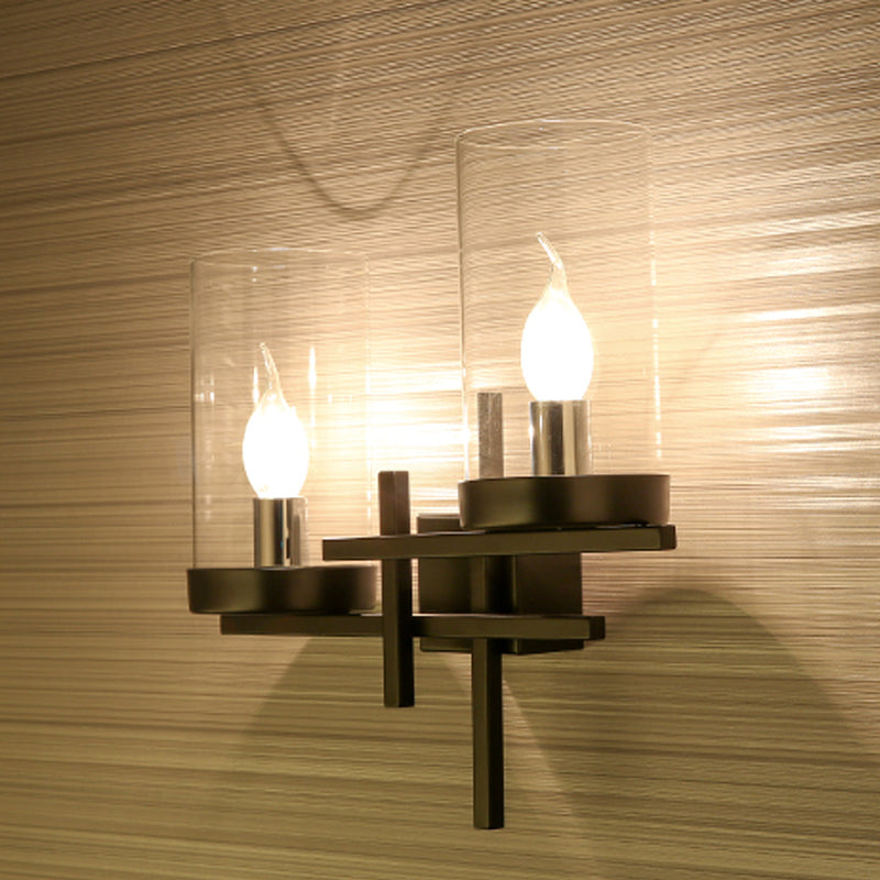 2 Bulbs Cylinder Wall Sconce Rustic White/Clear Glass Wall Lighting Fixture with Straight Arm for Living Room