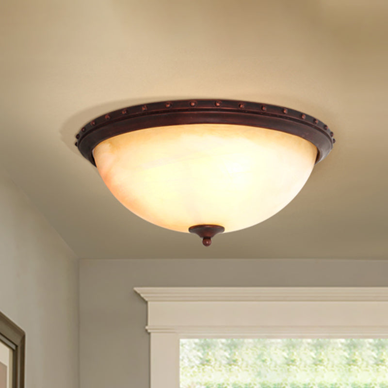 Opal Glass Bowl Flush Light Fixture Traditional 2 Heads Foyer Ceiling Flush Mount in Brown
