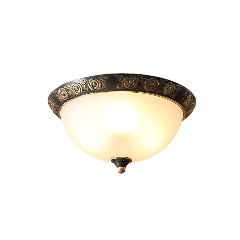 Milk Glass Black Ceiling Lamp Dome Shade 3-Head Traditional Flush Mount with Leaf/Flower Trim