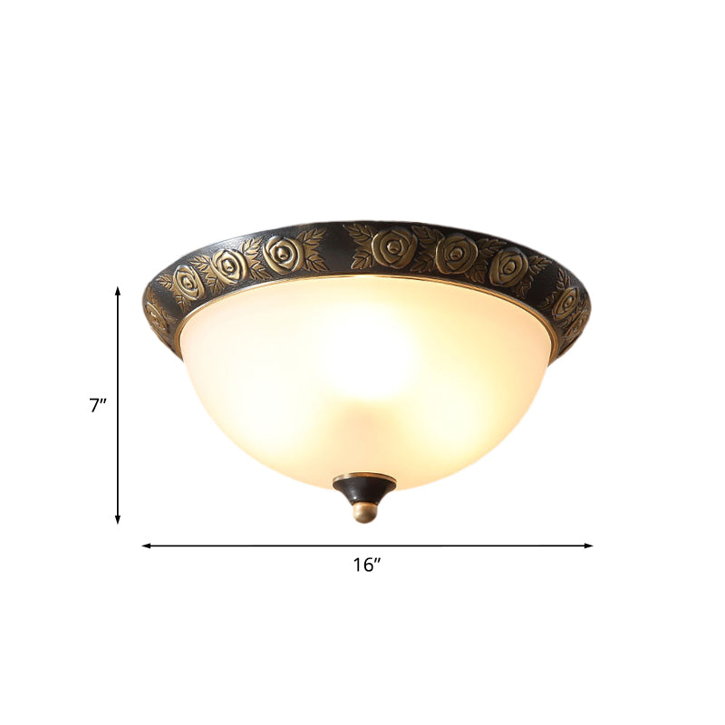 Milk Glass Black Ceiling Lamp Dome Shade 3-Head Traditional Flush Mount with Leaf/Flower Trim