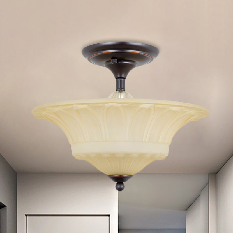 Beige glazen kom spoeling licht vintage 3/4 hoofden woonkamer semi -spoelmontage verlichting in zwart, 14 "/16" w