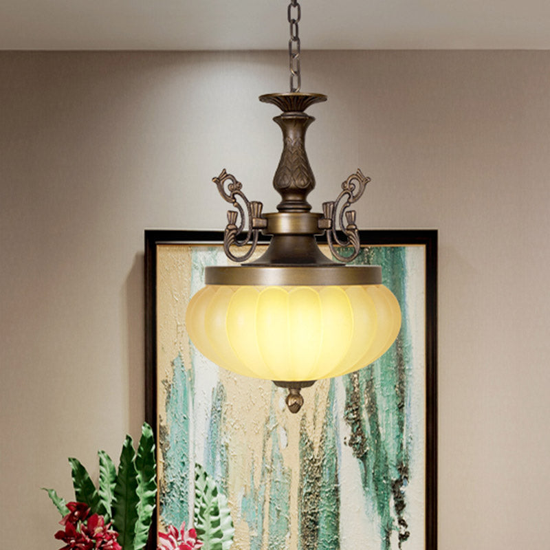 3-Kopf-Kürbis-Kronleuchter-Licht traditioneller Bronze gefrostetes Glasgehängnisleuchten