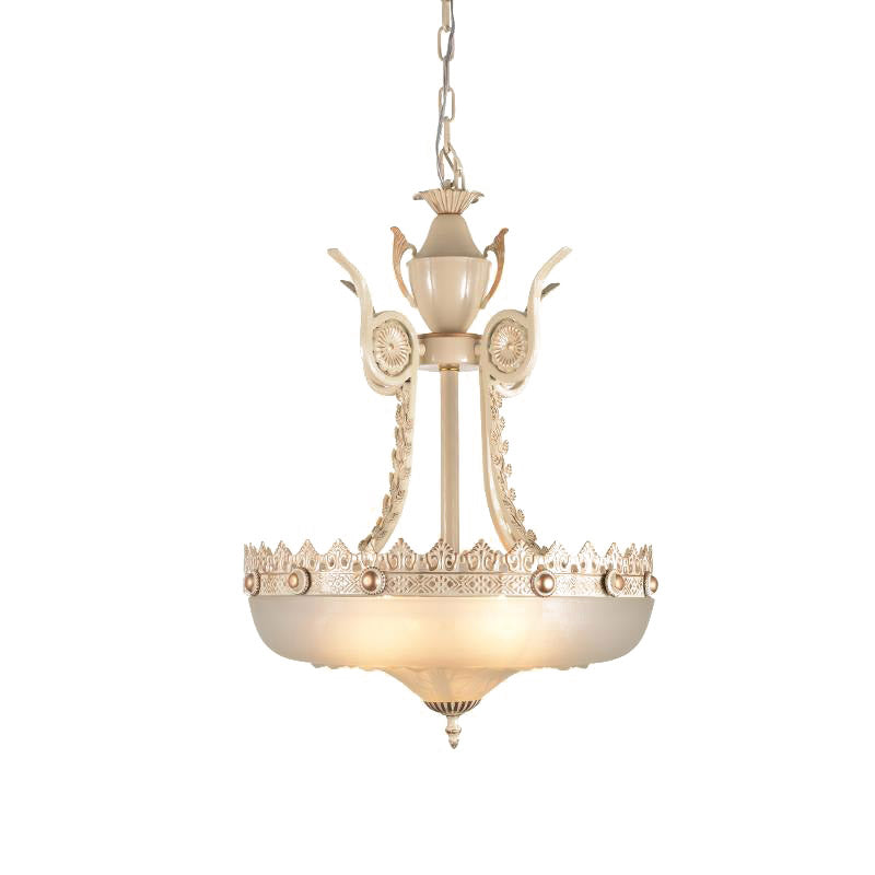 12"/16" W Cream Glass Inverted Chandelier Traditionalist 3 Lights Dining Room Hanging Light Fixture in Beige/Brass