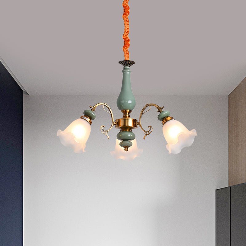 Lampadario a soffitto in vetro di fiori di fiori tradizionale 3/5 teste soggiorno luce a pendolo in azzurro/peltro