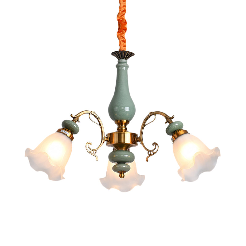 Lampadario a soffitto in vetro di fiori di fiori tradizionale 3/5 teste soggiorno luce a pendolo in azzurro/peltro