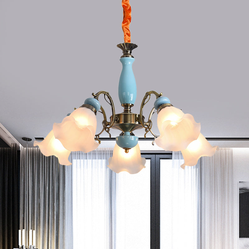 Lampadario a soffitto in vetro di fiori di fiori tradizionale 3/5 teste soggiorno luce a pendolo in azzurro/peltro
