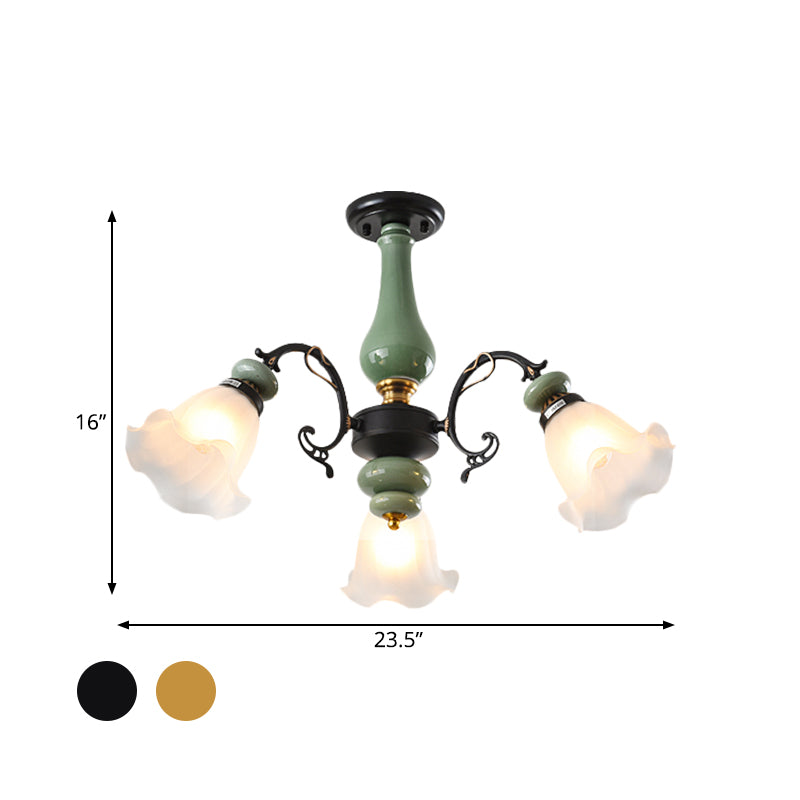 Gold/Black Floral Semi Mount Lighting Traditional Opal Glass 3/5 Heads Bedroom Close to Ceiling Lamp
