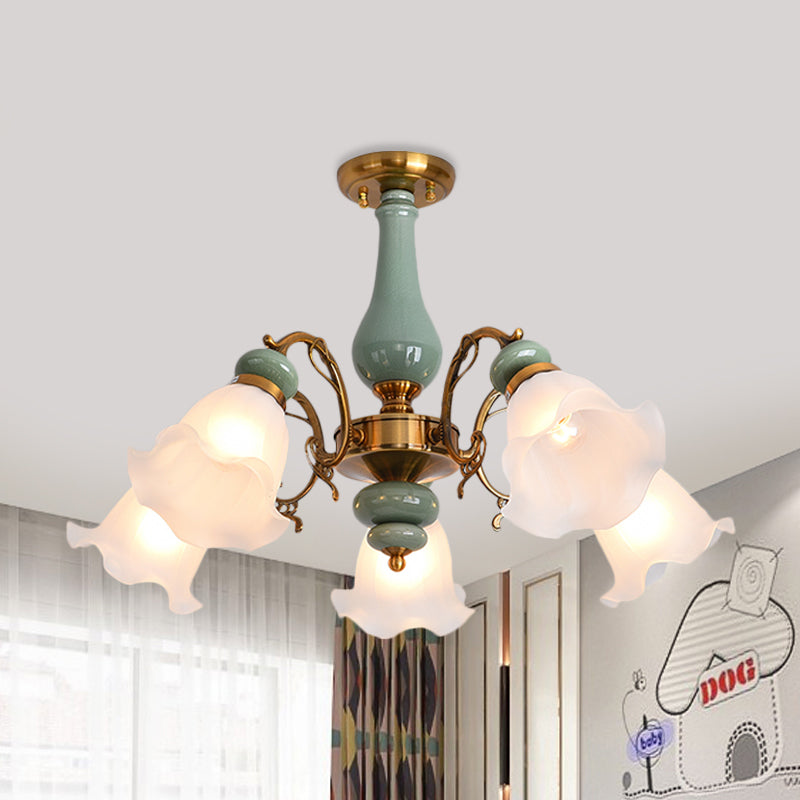 Gold/Black Floral Semi Mount Lighting Traditional Opal Glass 3/5 Heads Bedroom Close to Ceiling Lamp