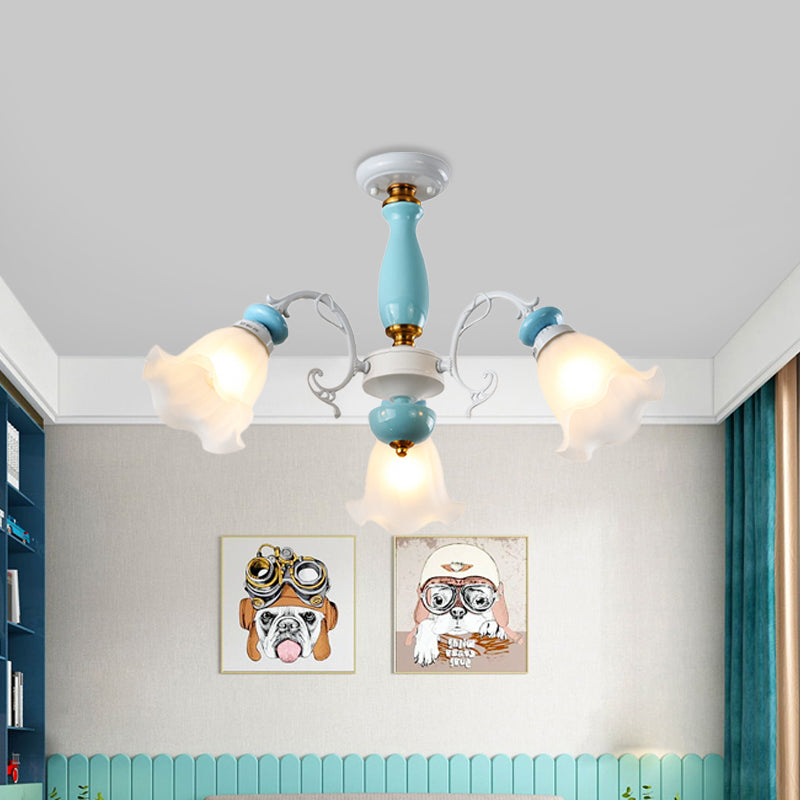 Floral White Glass Semi-Flush Ceiling Light Traditional 3/5 Lights Bedroom Flush Mount Lamp in Light Blue