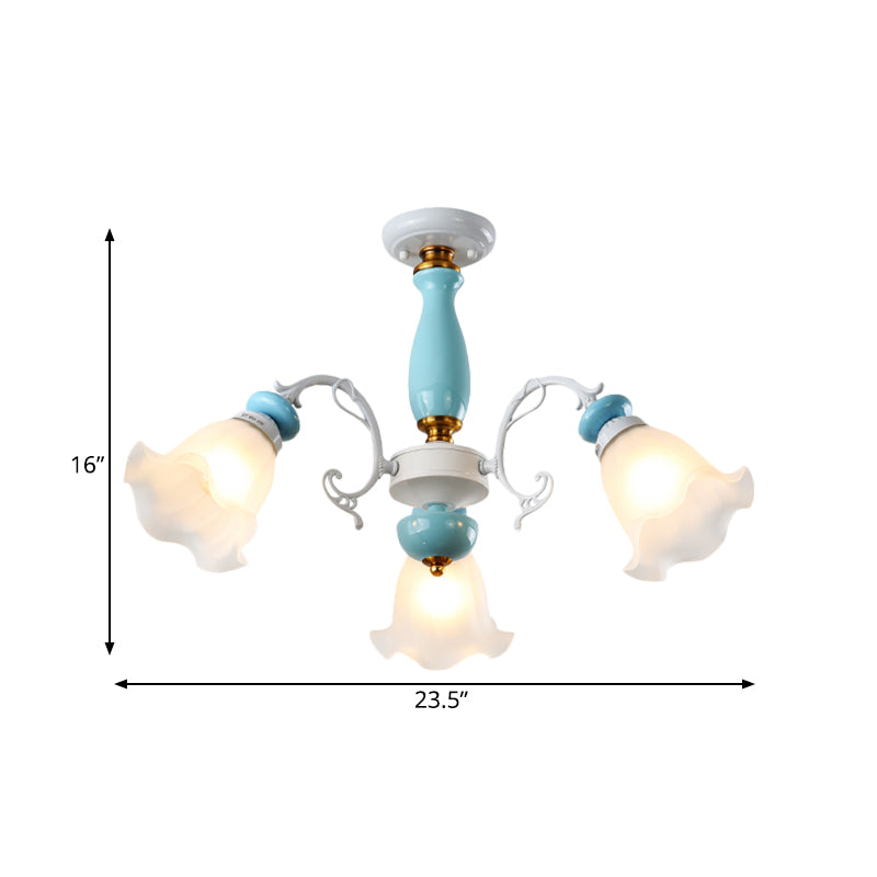 Floral White Glass Semi-Flush Ceiling Light Traditional 3/5 Lights Bedroom Flush Mount Lamp in Light Blue