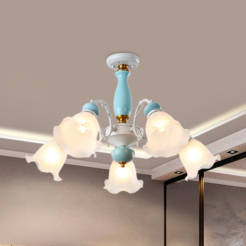 Floral White Glass Semi-Flush Ceiling Light Traditional 3/5 Lights Bedroom Flush Mount Lamp in Light Blue