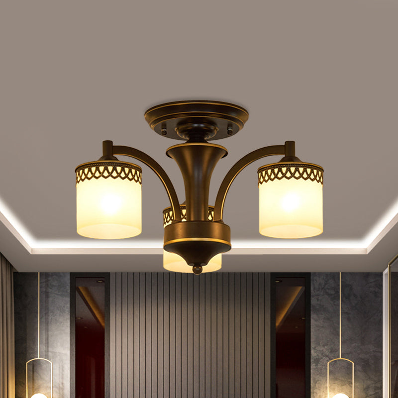 Traditional Cylinder Semi Flush Lighting 3/6/8 Bulbs Frosted Glass Flush Mount Ceiling Lamp in Black